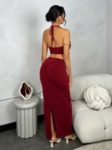 SHEIN BAE 女士深 V 领露背背心 + 紧腰铅笔裙时尚套装 - 酒紅色 - 查看 2