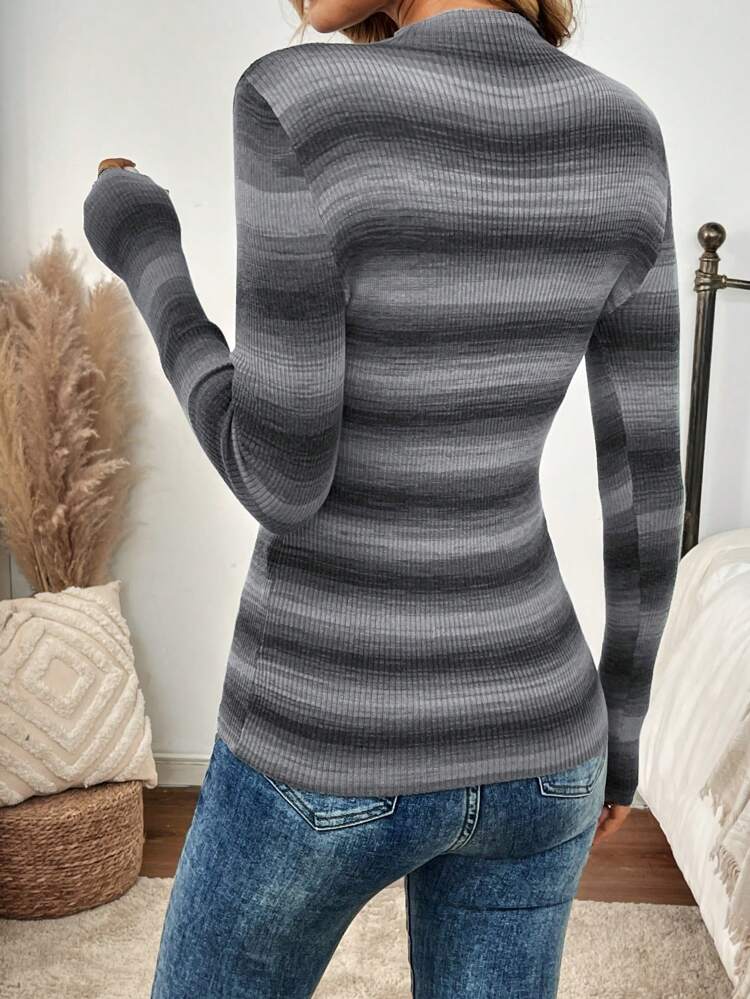 Ribbed Print Stand Collar Ribbed Long Sleeve Sweater