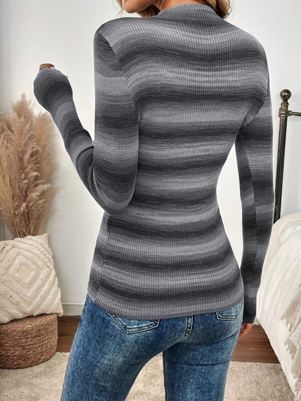 Ribbed Print Stand Collar Ribbed Long Sleeve Sweater