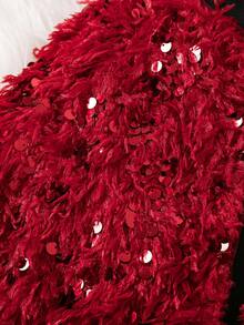 SHEIN 年轻女孩时尚红色闪亮亮片毛绒外套，大面积闪亮设计搭配蓬松质地，醒目时尚又温暖，非常适合冬季外出或派对穿着，适合秋冬季，适合圣诞节 - 彩色 - 查看 7