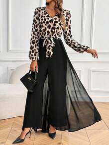 SHEIN Clasi 女式春夏豹纹 V 领灯笼袖优雅连体裤 - 彩色 - 查看 1