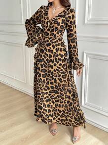 Modelyn V-Neck Leopard Print Ruffle Hem Long Sleeve Arabian Modest Dress Long Evening Dresses - Brown - View 3