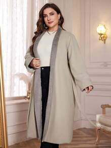 Mulvari Áo khoác dệt kim chắp vá vải nhung cỡ lớn thời trang thu đông thường ngày - Màu Khaki - Xem 5