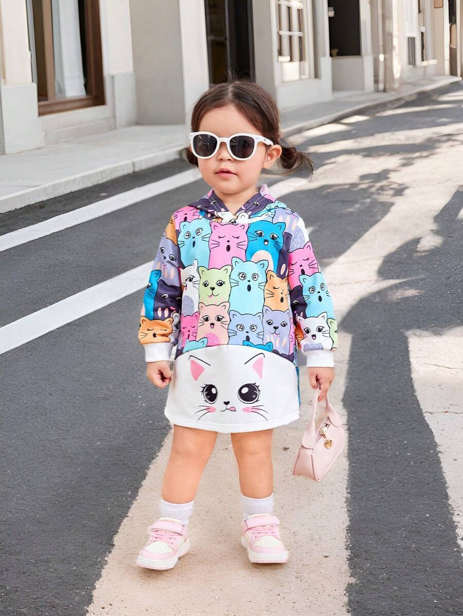 SHEIN 女婴可爱卡通图案拼接长袖卫衣，休闲款 - 彩色 - 查看 1