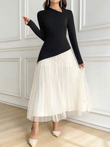 Modelyn Women's Asymmetric Neckline Long Sleeve Color Block Arabian Modest Dress Long Evening Dresses