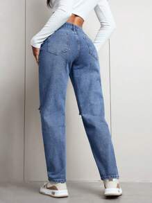 SHEIN EZwear Women's Pockets Distressed Straight Loose Casual Versatile Jeans - Medium Wash - View 2
