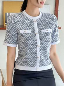 DAZY Color Block Front Button Faux Pocket Casual Crew Neck Short Sleeve Knit Sweater T-Shirt Summer - Blue - View 3