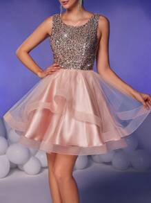 SHEIN Belle Elegant, Romantic And Gorgeous Lotus Pink Sequined Mesh, Round Neck Vest Sleeves, Asymmetric Puff Dress, Suitable For Prom, Bachelor Party, Dinner Date, Formal Prom Dress., Semi Formal Dress, For Birthday, Wedding Guest, Graduation Homecoming - Pink - View 3