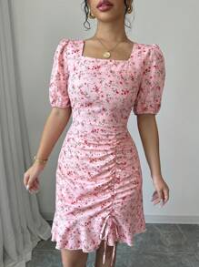 Chiquease Pink Ditsy Floral Drawstring Ruffle Hem Mini Dress - Pink - View 3
