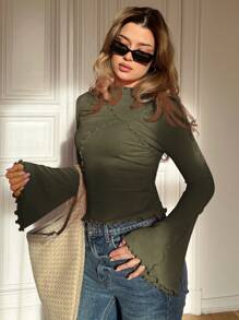 Siren Gaze Women's Solid Color Ruffled Collar Long Sleeve Ribbed Casual T-Shirt, Spring & Summer Winter Green Christmas - Army Green - View 3