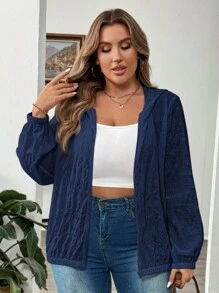 SHEIN LUNE Textured Comfortable Fabric Hooded Zip-Up Elastic Hem Plus Size Jacket Winter Fall Autumn - Navy Blue - View 3