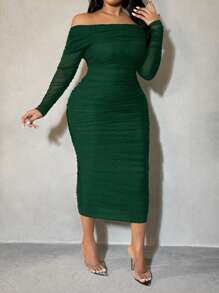 SHEIN SXY Plus Size Solid Color Pleated Off-Shoulder Long Sleeve Dress Fall - Dark Green - View 6