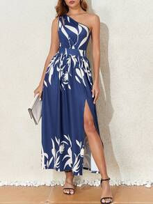 Vestido Largo De Corte Oblicuo Con Hombro Descubierto Y Estampado Floral Con Abertura En El Dobladillo