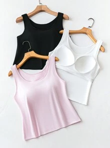 Calvaya Plus Size Women's Sleeveless Solid Color Round Neck Camisole With Chest Pads, Summer Basic Top