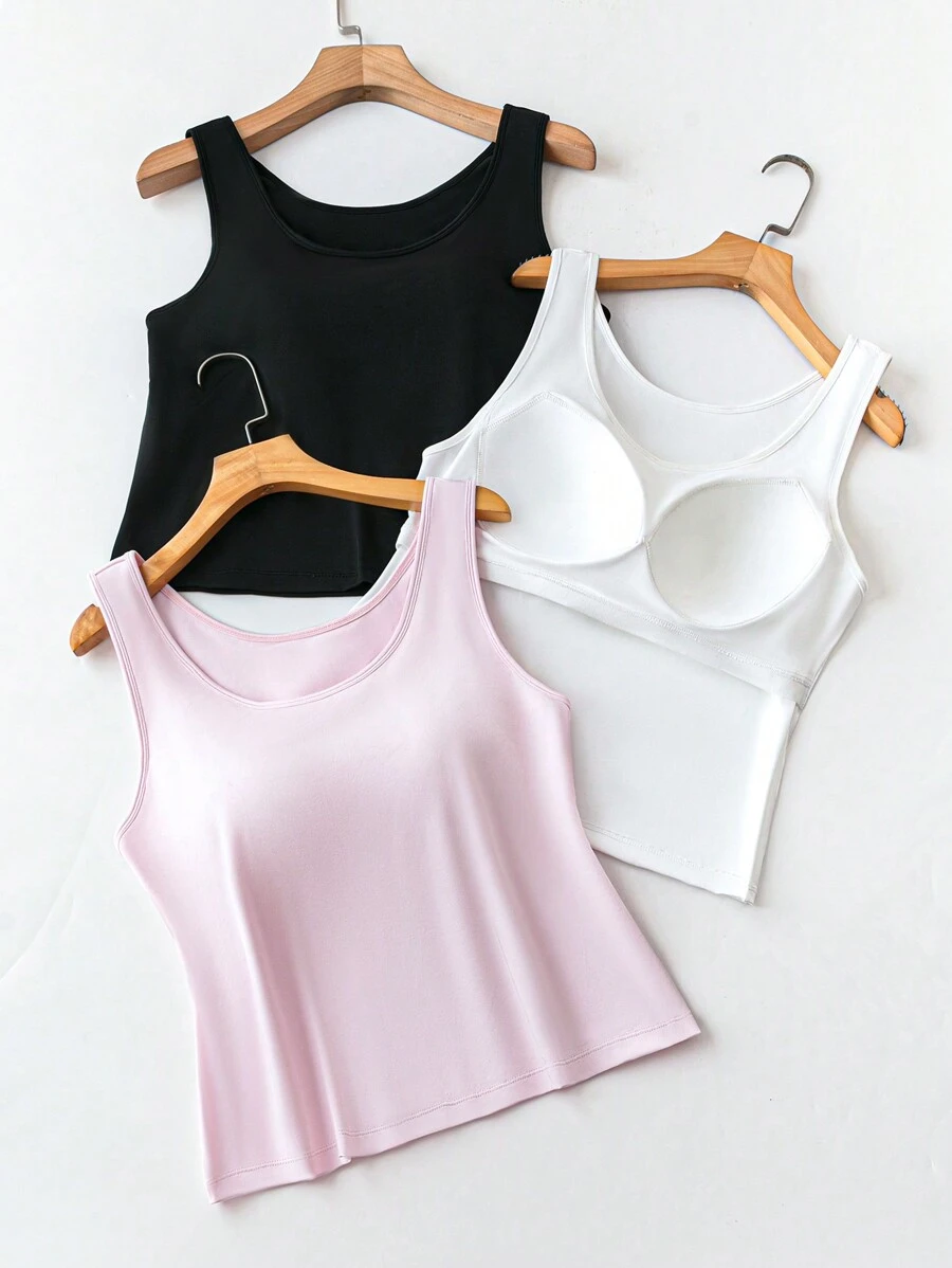 Calvaya Plus Size Women's Sleeveless Solid Color Round Neck Camisole With Chest Pads, Summer Basic Top
