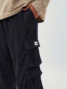 Manfinity NXTstreet Plus Size Men's Casual Corduroy Mid-Waist Drawstring Multi-Pocket Cargo Pants