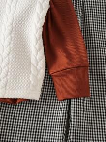 3pcs Young Girl Autumn Career Day Back-To-School Fashion Vintage Korean Style Knit Argyle Vest,Solid Color Rib Sweater&Black White Plaid Pants Suit - Multicolor - View 6