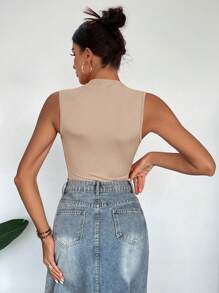 SHEIN Essnce 女士夏季休闲立领褶皱无袖紧身衣 - 卡其色 - 查看 2