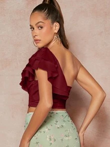 L'Amorae Áo Crop Top Tay Phồng Một Bên Vai - Màu Đỏ Sâu - Xem 2