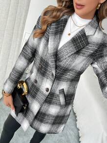 SHEIN Clasi 女式前扣长袖口袋平领休闲格子夹克 - 黑與白 - 查看 4