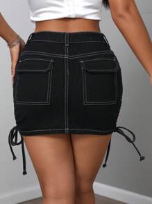 SHEIN SXY Women's Casual Side Drawstring Fitted Mini Denim Skirt, Summer - Black - View 3