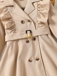 SHEIN Young Girl Solid Color Lapel Flounce Casual Long Trench Coat,In Fall/Winter - Khaki - View 7