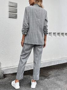 SHEIN LUNE Bộ đồ vest và quần dài kẻ caro cổ vuông thường ngày dành cho nữ, phù hợp cho công việc và dạo phố, dành cho nữ vào mùa thu/đông - Đen và trắng - Xem 2