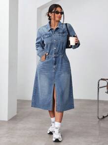 Plus Size Women's Long Sleeve Split Hem Casual Denim Dress, Spring/Summer - Medium Wash - View 7