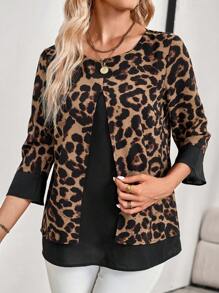 EMERY ROSE Women's Elegant Commuter Style Leopard Print Panel Three-Quarter Sleeve Shirt Long Sleeve Tops Women - Multicolor - View 5
