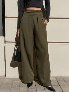 EURMUSE Damskie proste spodnie w jednolitym kolorze z paskiem - Czarne - Zobacz 7