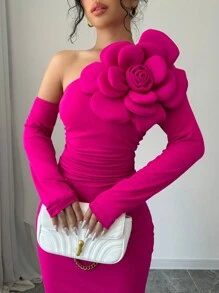 Rafferiza 女式不对称领子拼布褶皱腰收腰修身长袖优雅连衣裙长款女装 - 玫紅色 - 查看 6