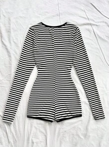 Soleia Contrast Color Striped Decorative Button Long Sleeve Romper For Women, Holiday Style - Black and White - View 2