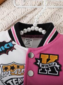 2pcs Baby Girls' Casual Baseball Jacket And Pleated Skirt Outfit, Spring And Autumn - Hot Pink - View 4