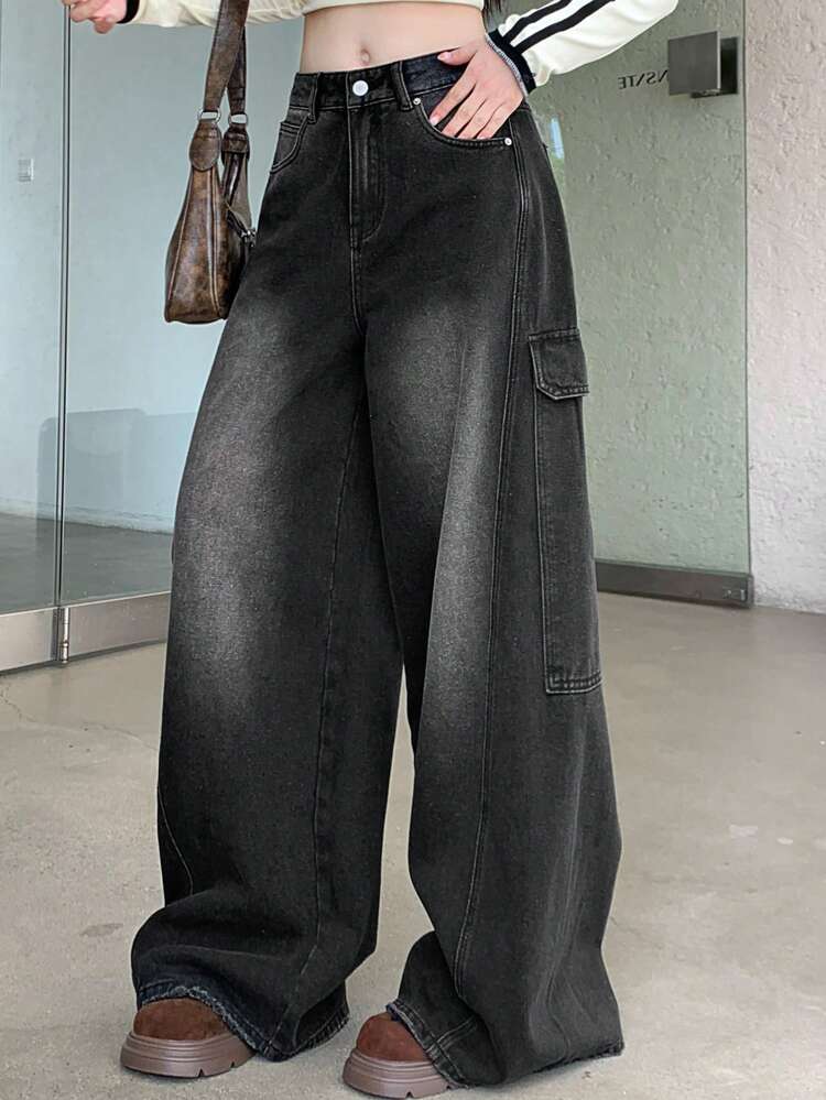 Women Simple Front Button Multiple Pockets Casual Denim Jeans,Baggy Jeans