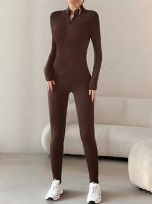 SHEIN EZwear 黑色两件套运动服拉链夹克和紧身裤 - 咖啡棕 - 查看 6