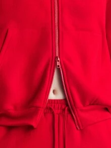 Ontre Oversized Hoodie With Zipper, Long Sleeve, Red Fall Women Clothes,Cotton - Red - View 6