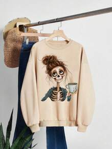 INAWLY Women's Casual Skull Print Fleece Sweatshirt For Autumn & Winter,Long Sleeve Tops Pullover Fall Outfit