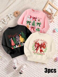 SHEIN 3pcs/Set Young Girl' Christmas Tree & Bow Knot Print Thermal Lined Sweatshirts, Christmas Party Outfits, Christmas Gift - Multicolor - View 1