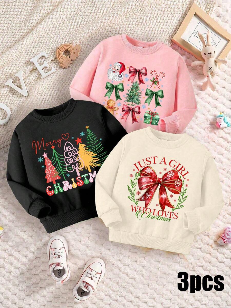 SHEIN 3pcs/Set Young Girl' Christmas Tree & Bow Knot Print Thermal Lined Sweatshirts, Christmas Party Outfits, Christmas Gift - Multicolor - View 1
