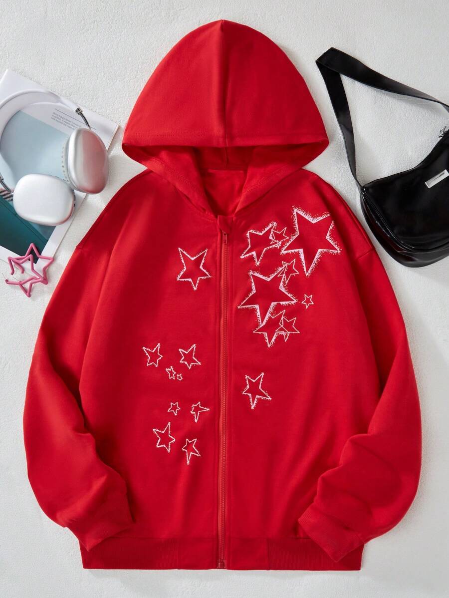 SHEIN 少女星形印花拉链卫衣 - 紅色 - 查看 1