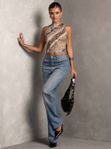 SHEIN BAE Débardeur simple et casual en coton avec cordon de serrage, imprimé peau de serpent marron pour femmes