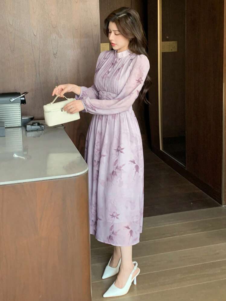 DAZY 女士花卉雪纺褶皱立领长袖连衣裙，秋季服装 - 粉色 - 查看 6