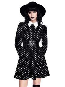 ROMWE Avant 星期三角色扮演波尔卡圆点印花女式连衣裙，万圣节 - 黑與白 - 查看 2