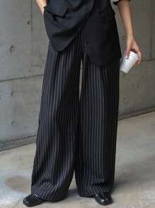 FRIFUL Quần ống rộng kẻ sọc đơn giản có túi cho nữ - màu đen - Xem 1