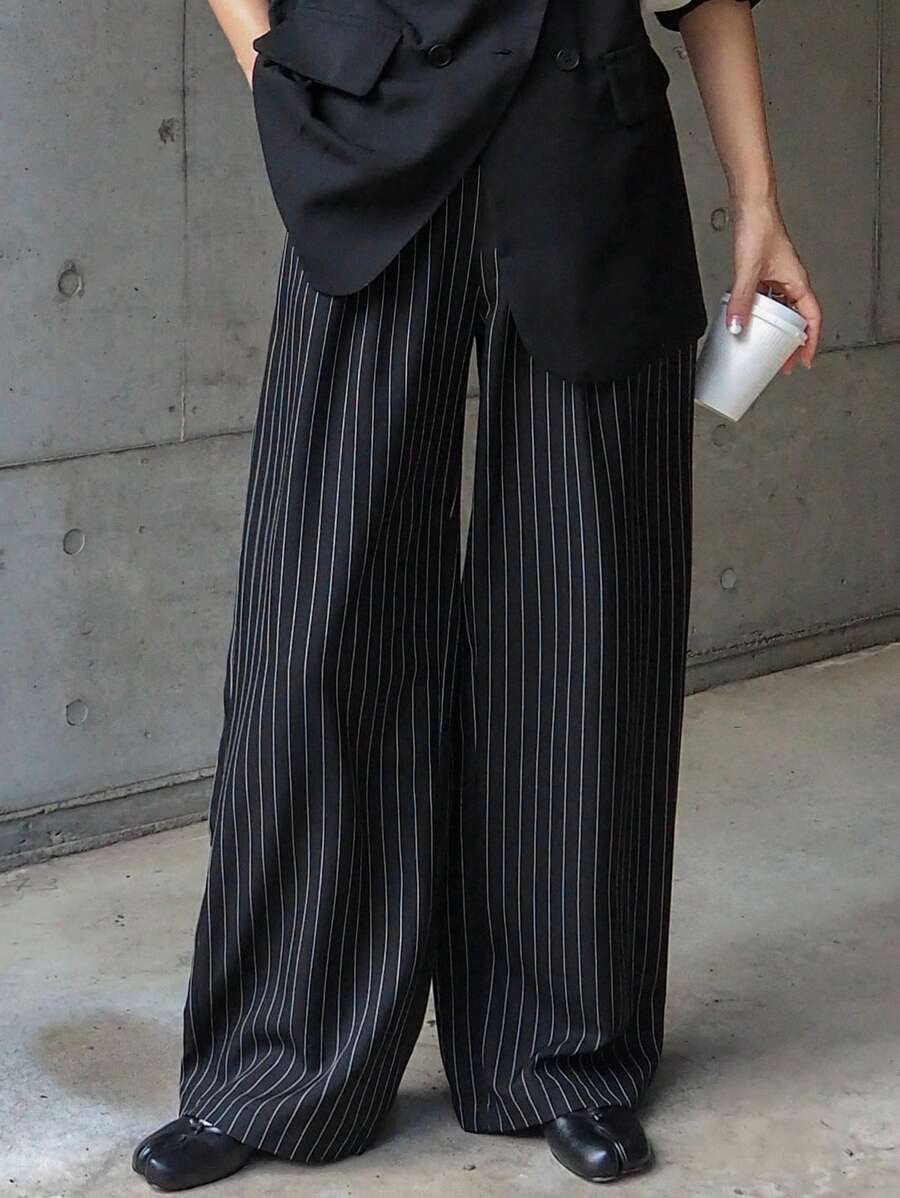 FRIFUL Quần ống rộng kẻ sọc đơn giản có túi cho nữ - màu đen - Xem 1
