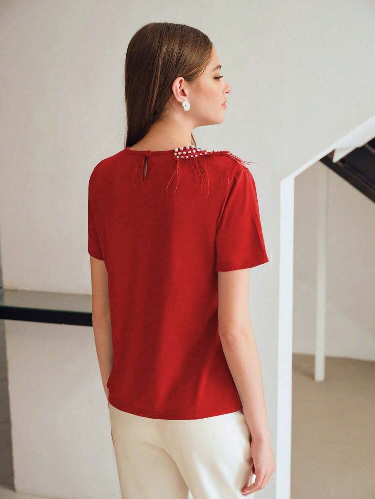 FAUX PEARL RHINESTONE DETAIL FLUFFY TRIM SHORT SLEEVE TEE FOR NEW YEAR CLOTHES