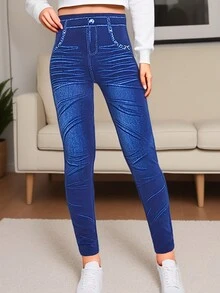 Leggings con efecto de mezclilla de estilo europeo y americano a la moda, de tela cómoda y suave para fitness, running, uso casual, yoga, actividades al aire uso diario, con patrón de rayas azules en capri - Azul - Ver 2