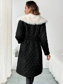 SHEIN Clasi Abrigo acolchado ajustado para mujer con forro térmico, cuello esponjoso, parches, bolsillo con cremallera, para otoño/invierno - Negro - Ver 2