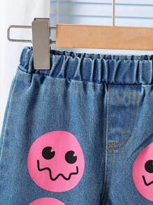 Baby Girl Rose Red Smiling Face Pattern Straight Leg Jeans, Autumn - Blue - View 4