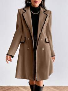 SHEIN Privé Damă, toamnă-iarnă, cu ornamente florale, guler cu rever, cu mânecă lungă, haină elegantă pentru navetă - cafea maro - Vizualizare 4